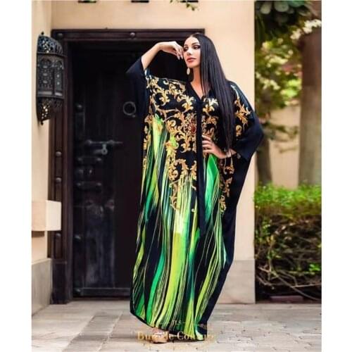 HOUSEOFSD African Turkey Dresses For Women Plus Size V-Neck Long Muslim Dress Green Stripes Robe Arabe Femme Islam Kaftan Dress