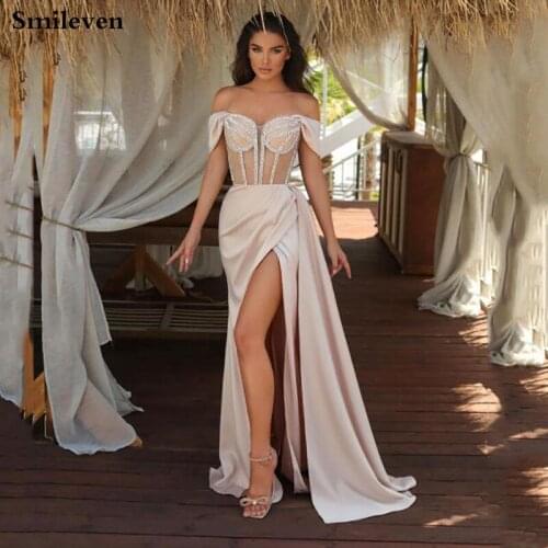 Smileven Saudi Arabia Champagne Mermaid Evening Dress With Beade Side Split Off The Shoulder Prom Dresses Dubai Celebrity Gowns