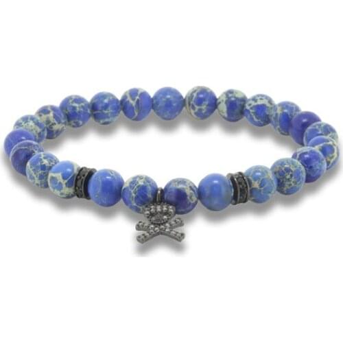 1pc New Design High Grade Jewelry 8mm Blue Imperial Stone Bead Bracelet with Bronze Paved CZ Charm Skull Bracelet