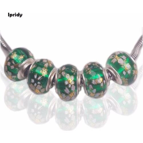 20Pcs/lot 14mm Green+Cherry Blossom Flower European Beads with Silver Brass Pipe core,Large Hole Glass Beads for Jewelry Making