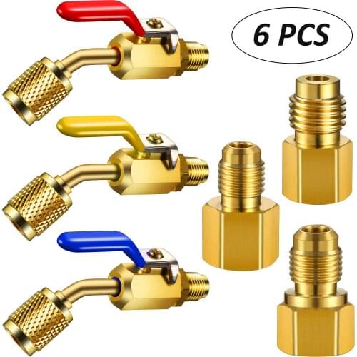 6Pcs Air Conditioning Refrigerant Angled Compact Ball Valve 1/4'' for R410A R134A R12 R22 HVAC 6015 Tank Vacuum Pump Adapter