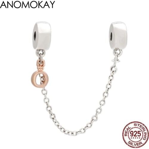 Anomokay Classic 925 Silver Safety Chain for DIY Bracelet Bangle Sterling Silver Fixing Clip with Rose Gold Color Crown Letter