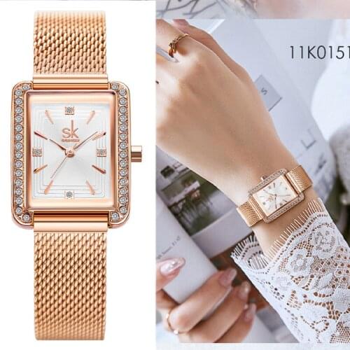 Rose Gold Women Watch Square Quartz Wristwatch Diamond Elegant Dress Bracelet Watches Women Steel Mesh Band Clock Zegarek Damski