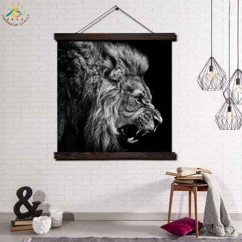 Black Lion Single Framed Scroll Painting Modern Canvas Art Prints Poster Wall Painting Artwork Wall Art Pictures Home Decor