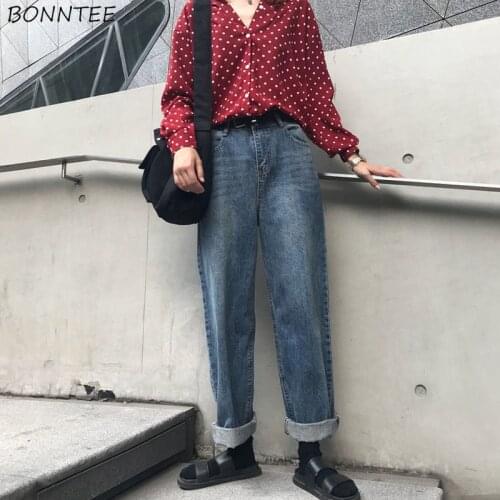 Jeans Women Retro Baggy Preppy High Waist Pocket Full Length Washed Fashion Korean Style Ladies Simple All Match Straight Chic
