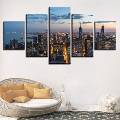 Five-Piece City Night Photography Picture Modern City Scenery Hd Art Poster Living Room Wall Decoration No Frame Canvas Painting