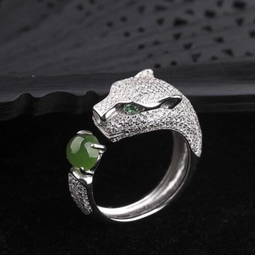 Real green jade ring leopard head resizable emerald ring micro-inlaid zircon diamond ring 925 sterling silver women rings