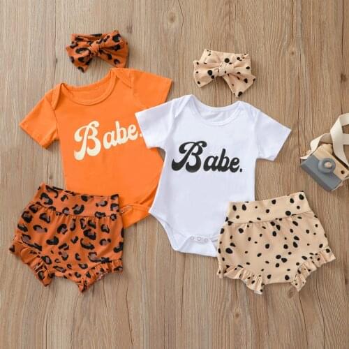 Fashion Newborn Toddler Baby Girls Clothes Sets Letter Print Short Sleeve Romper Tops Leopard Shorts Headband 3pcs Outfit Set
