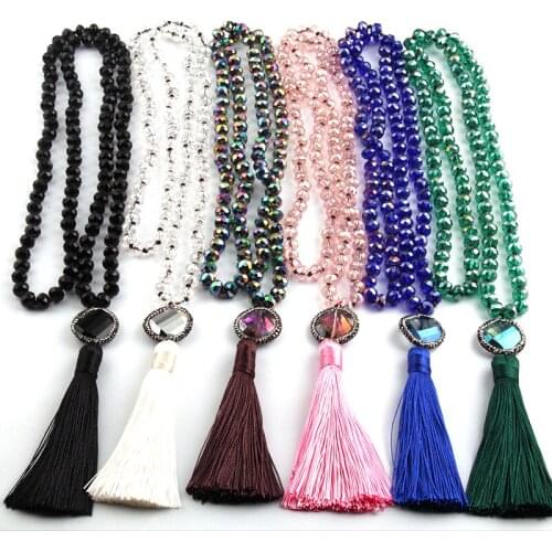 Fashion Bohemian Tribal Jewelry Long Knotted Glass Handmake Paved Crystal Tassel Necklaces