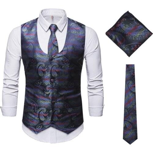 Men Vests Fashion Paisley Banquet Party Prom Ball Wedding Groom Singer Host Dancer Stage Nightclub 3 Pieces Waistcoats Tie Scarf