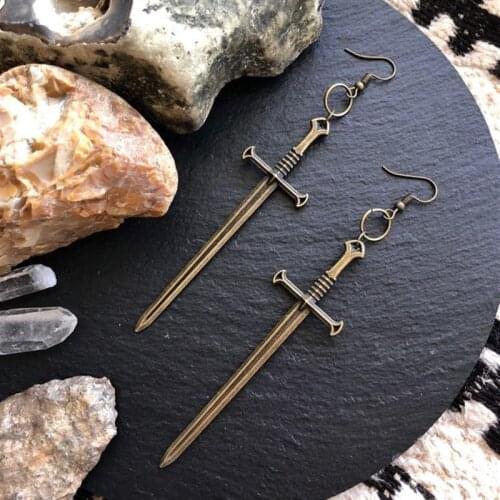 New Long Sword Earrings Bronze Dangle Dagger Edgy Fantasy Occult Halloween Jewelry Statement Witches Gift Fashion Women VINTAGE