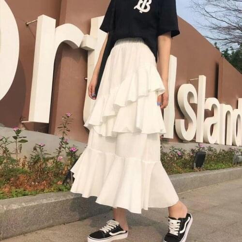 OCEANLOVE Ruffles A-Line Solid High Waist Women Korean Chic Spring Long Skirts All Match Elegant Faldas Fashion