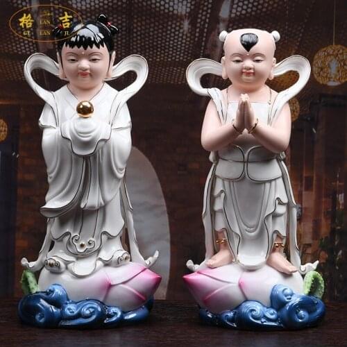 A pair -Wholesale Buddha figure HOME SHOP Propitious FENG SHUI GUANYIN TONGZI maidens JIN TONG YU NV color Ceramic statue