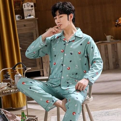 Mens Pajama Set Autumn Winter Warm Man Pajamas Set Simple Sleepwear Long Sleeve Cotton Pajamas for Men Top Pant Leisure Outwear