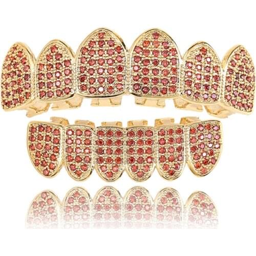 Full Orange Color Cubic Zircon Fangs Teeth Grillz Top Bottom Grills Mouth Punk Teeth Caps Cosplay Party Rapper Hip Hop Jewelry