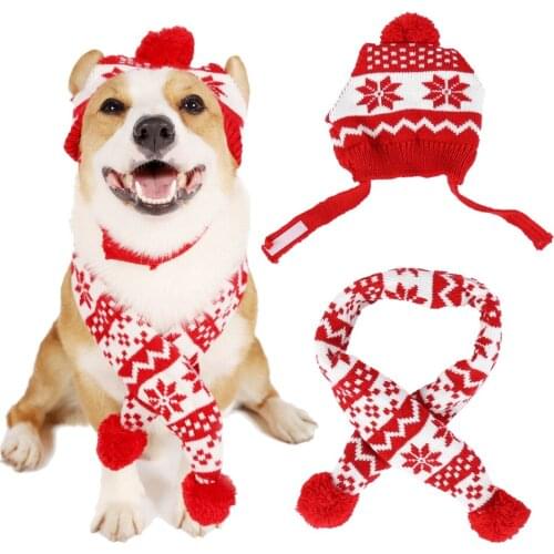 Christmas Pet Dog Hat Scarf Set Winter Warm Knitted Pet Cap for Small Medium Dogs Festival New Year Pet Dressing Accessories