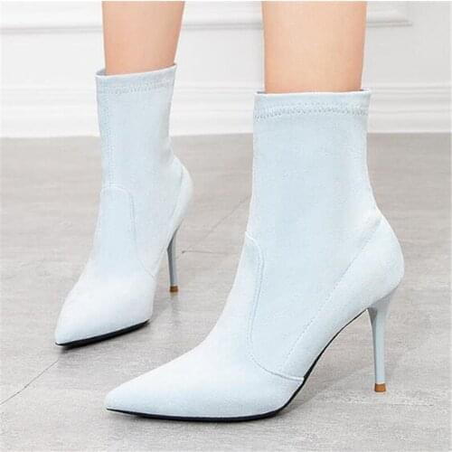 Women pumps Flock Slip On 9CM Thin Heels High heels Pointed Toe Shallow shoes for women women shoes 2020 size 35-42 black white