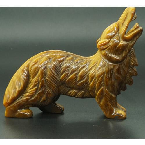 Wolf Yellow Tiger Eye Natural Stone Figurine Crystal Healing Reiki Home Decor