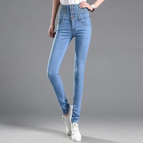 Stretch Waist Womens Denim Pants 2021 Spring Autumn Skinny Elastic High Quality Jeans Korean Fashion Casual All-Match Trousers