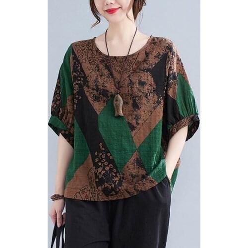 Women Summer Loose Casual T-shirts New 2021 Vintage Style Floral Print Thin Cotton Linen Female Short Sleeve Tops Tees S4027