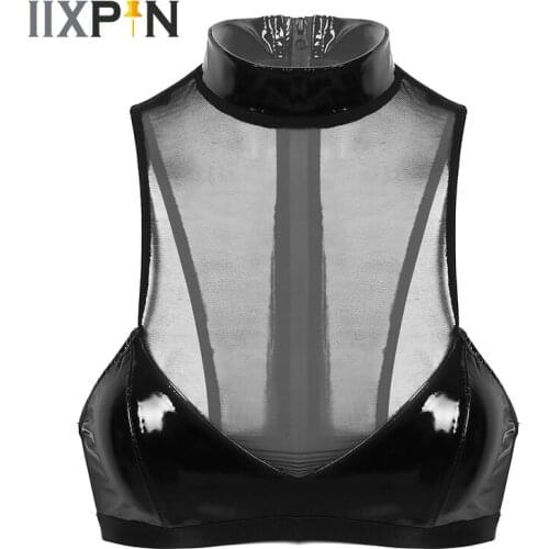 Womens Sexy Bras Top Patent Leather Sheer Mesh Patchwork Sexy Lingerie High Neck Back Zip Up Tank Bra Crop Top Sexy Nightwear