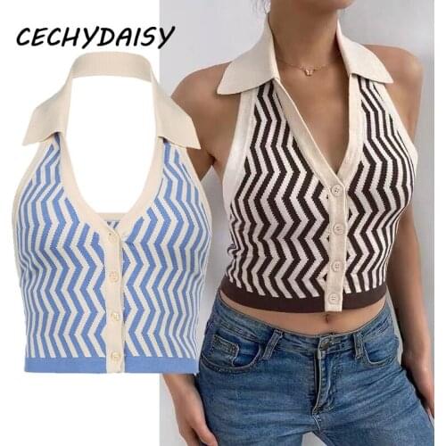 Sexy Knitted Vest Women Sleeveless Backless E Girl Sweater Crop Tops Y2k Clothes Striped Lapel Halter Slim Navel Halter Vest New