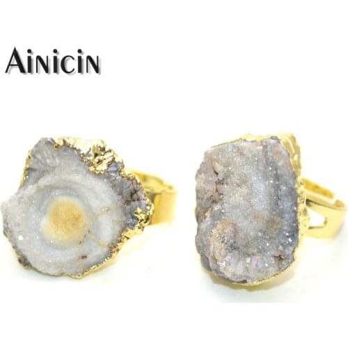 Natural Druzy Crystal Mushroom Free Form Shape Adjustable Finger Ring Gold Plating Fashion Women Jewelry