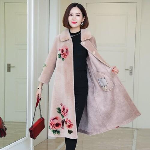 Shearling Sheep Real Fur Coat Winter Jacket Women Mink Fur Collar 100% Wool Coat Print Korean Long Coat Manteau Femme MY