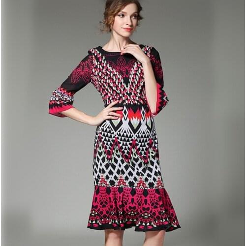 Summer Chiffon Vintage Print Women Party Dress Half Flare Sleeve O-neck Ruffles Knee-Length Elegant Female Long Casual Dresses