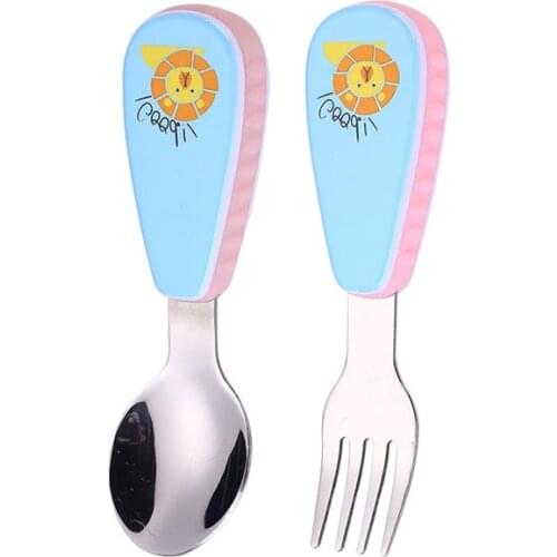 2 pieces Baby Tableware Set Children Utensil Stainless Steel Toddler Dinnerware Cutlery Cartoon Infant Food Feeding Spoon Fork