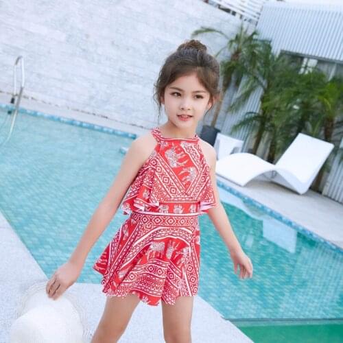 2019 Korea Girls One-Piece Print Ruffles Bikini Children Skirt Swimwear Girls Cute Print Swimsuit Swimming Suit