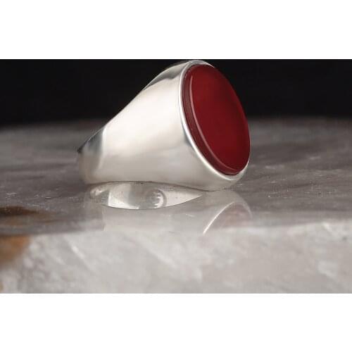 925 Sterling Silver Signet Ring with Round Raw Red Agate Gemstone For Men Handmade Vintage Ring Made in Turkey