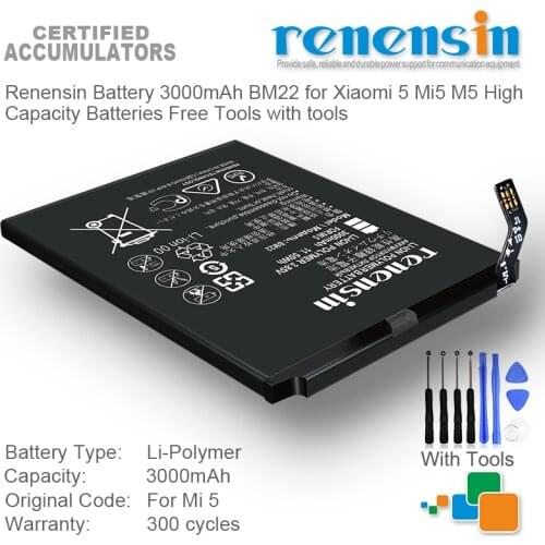 Renensin Battery 3000mAh BM22 for Xiaomi 5 Mi5 M5 High Capacity Batteries Free Tools with tools