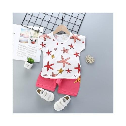 Free Shipping Children’s Cotton Boys 2pcs 0-5Y Short-sleeved Suit Fresh Starfish Pattern Shot Sleeve T-shirt+Red Shorts Summer