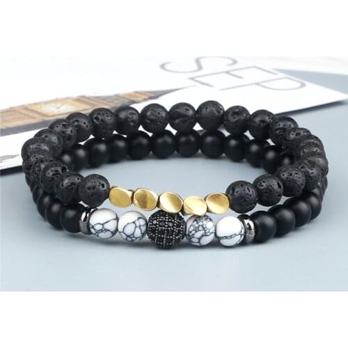 2Pcs/Set 6mm Couples Distance Bracelet Men Black Natural Lava Stone CZ Ball Beaded Charm Bracelets Women Jewelry Gifts bileklik