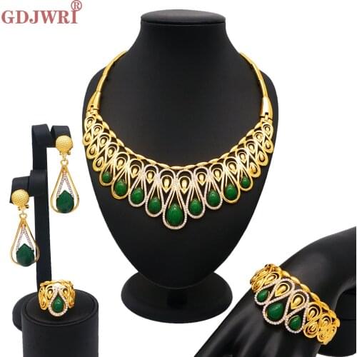 Dubai gold jewelry sets African bridal wedding gifts for women Saudi Arab red green blue color rhinestore set collares jewellery