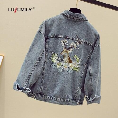 Lusumily Denim Jacket Women Loose Spring Coat Fashion Embroidery Jean Jacket Casual Top Loose Cowboy Outwear Female Denim Coat