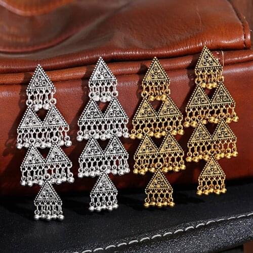 Ethnic Gold Carved Triangle Ladies Earrings Bijoux Vintage Bohemia Tibetan Round Alloy Tassel Earrings Tribe Indian Jewelry