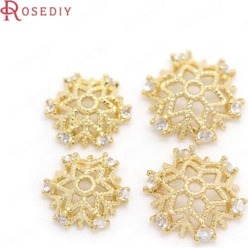 F546)6 pieces 10mm 12mm hole 1mm Brass with Zircon 24K Gold Color Plated Snowflake Bead Caps Jewelry Findings Accessories