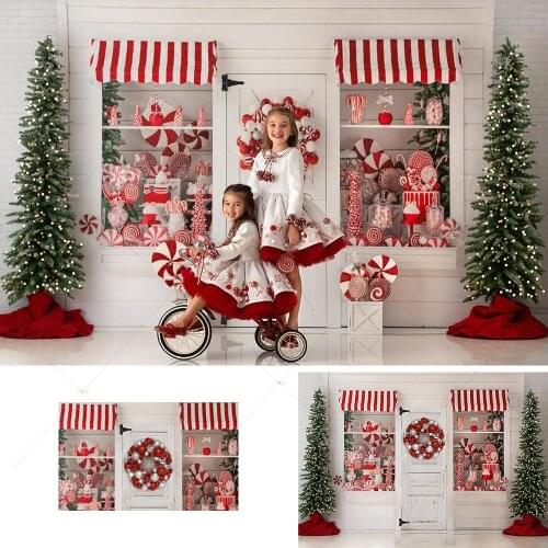 Winter Candy Shop Backdrop Christmas Sweet Girls Children Portrait Background for Photo Studio Xmas Trees Retro White Wood Decor