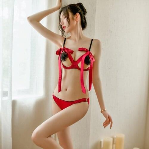 JIMIKO sexy lingerie bondage sm red Sweet Three Point Hanging Neck Style lingerie maid butterfly Passion Temptation Suit Women