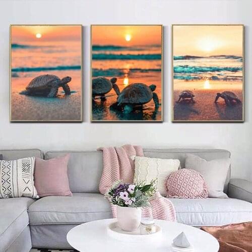 Turtle Diamond Painting 5d Diy Sunset Scenery Wall Art Decor Mosaic Landscape Seaside Cross Stitch Embroidery Handmade gifts