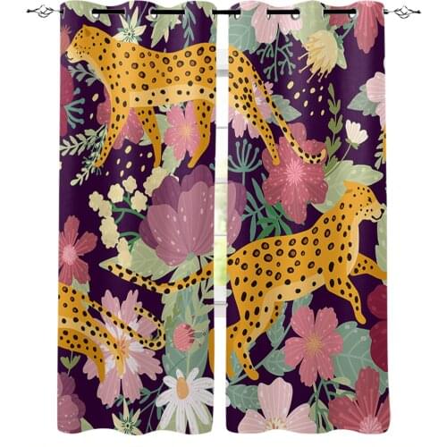Leopard On Colored Flowers Curtains For Living Room Bedroom Window Treatment Blinds Finished Drapes Kitchen Curtains