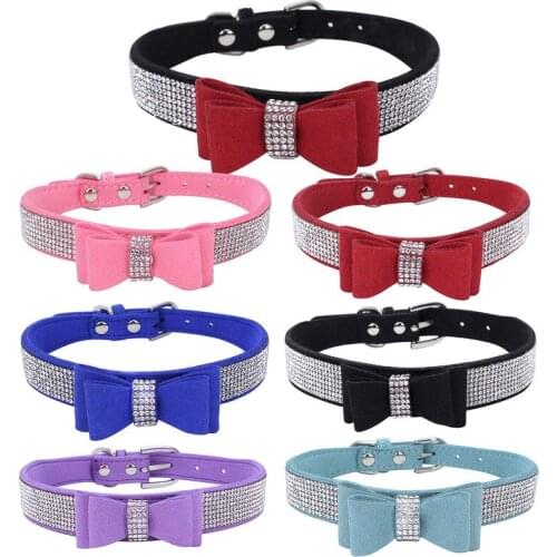 New Hot Bling Cat Dogs Collars Rhinestone Puppy Adjustable Leather Bowknot Cat Collar for Small Medium Dogs Cats Chihuahua Pug