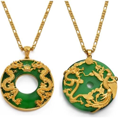 Anniyo Auspicious Dragon Pendant Neckalces Women Men Jewelry Chinese Style Artificial Green Stone Good Luck Happiness #018007
