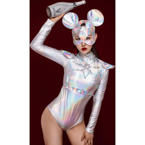 Stage Costumes Silver Bodysuit Headwear Birthday Celebrate Outfits For Women Bar Gogo Dance Rave Clothes Dj Show Wear VDB3204