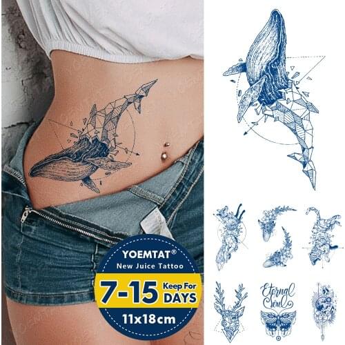Juice Lasting Ink Tattoos Body Art Waterproof Temporary Tattoo Sticker Lines Tatoo Arm Fake Whale Tiger Fox Deer Tatto Women Men