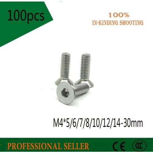 Free Shipping 100pcs M4*5/6/7/8/10/12/14-30mm Stainless Steel 304 Hexagonal socket Countersunk Screw Flat Head Bolts Hex Screw