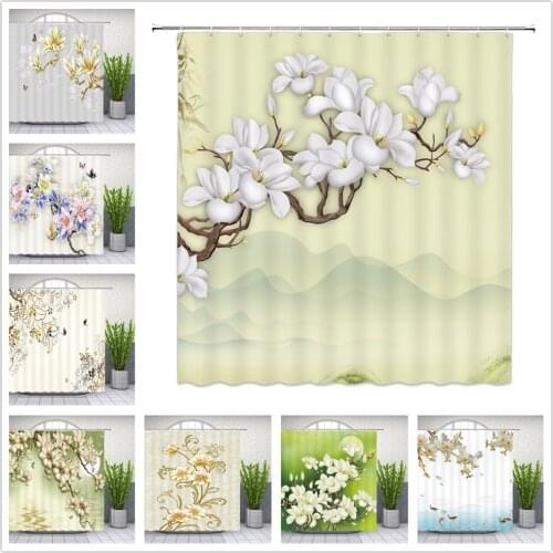 Flower Butterfly Shower Curtains Cloth Floral Plant Themed Pattern Lotus Peony Bathroom Decor Backdrop Polyester Fabric Curtain