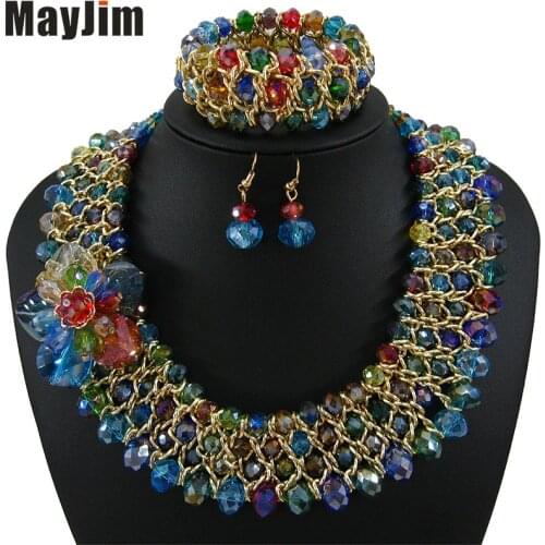 Statement necklace 2018 fashion jewelry sets Handmade beads chain crystal flowers dubai jewelry sets Vintage Bijoux Accessories